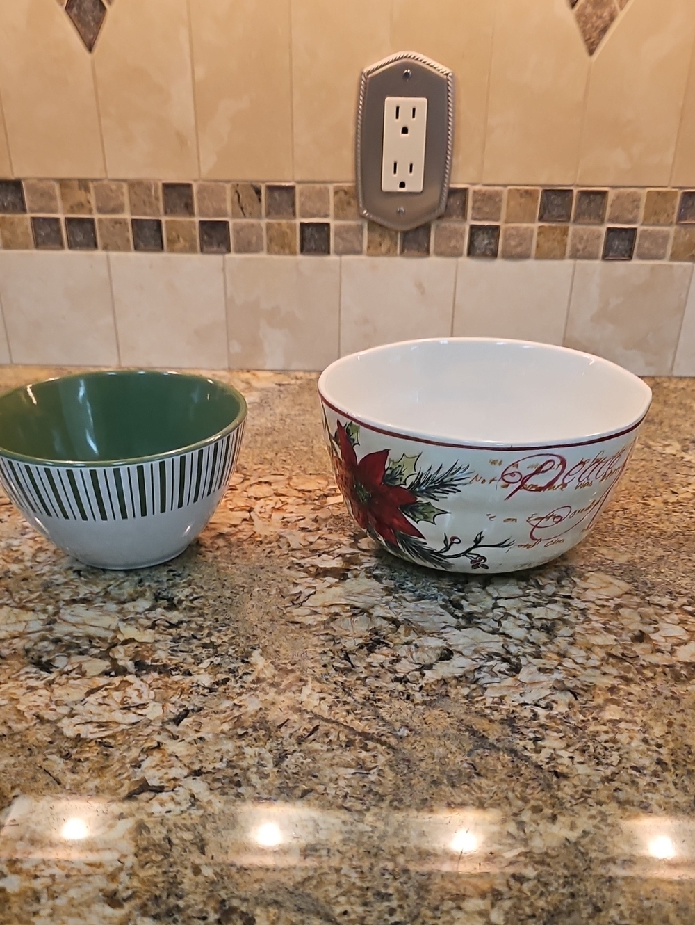 Decorative Holiday Poinsettia And Green Striped Ceramic Snack Bowls- White & Red